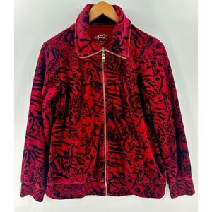Style Co Sport Jacket Womens Sz L Red Black Floral Full Zip Velour Pocket V1006